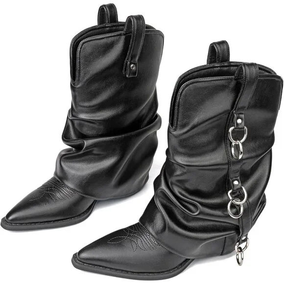 Women Retro Black Rubber Chunky Heels Mid Calf Western Boots Vintage Retro - Picture 7 of 8